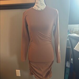 TNA Tan Ruched Bodycon Long Sleeve Dress